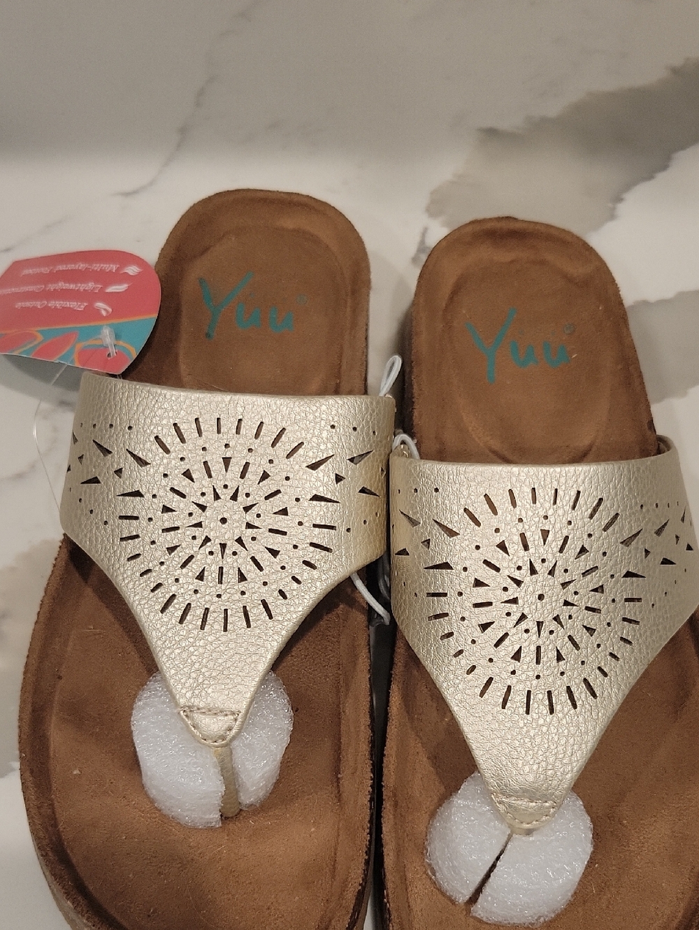 Yuu Metallic Gold Laser-Cut Toe-Post Sandals